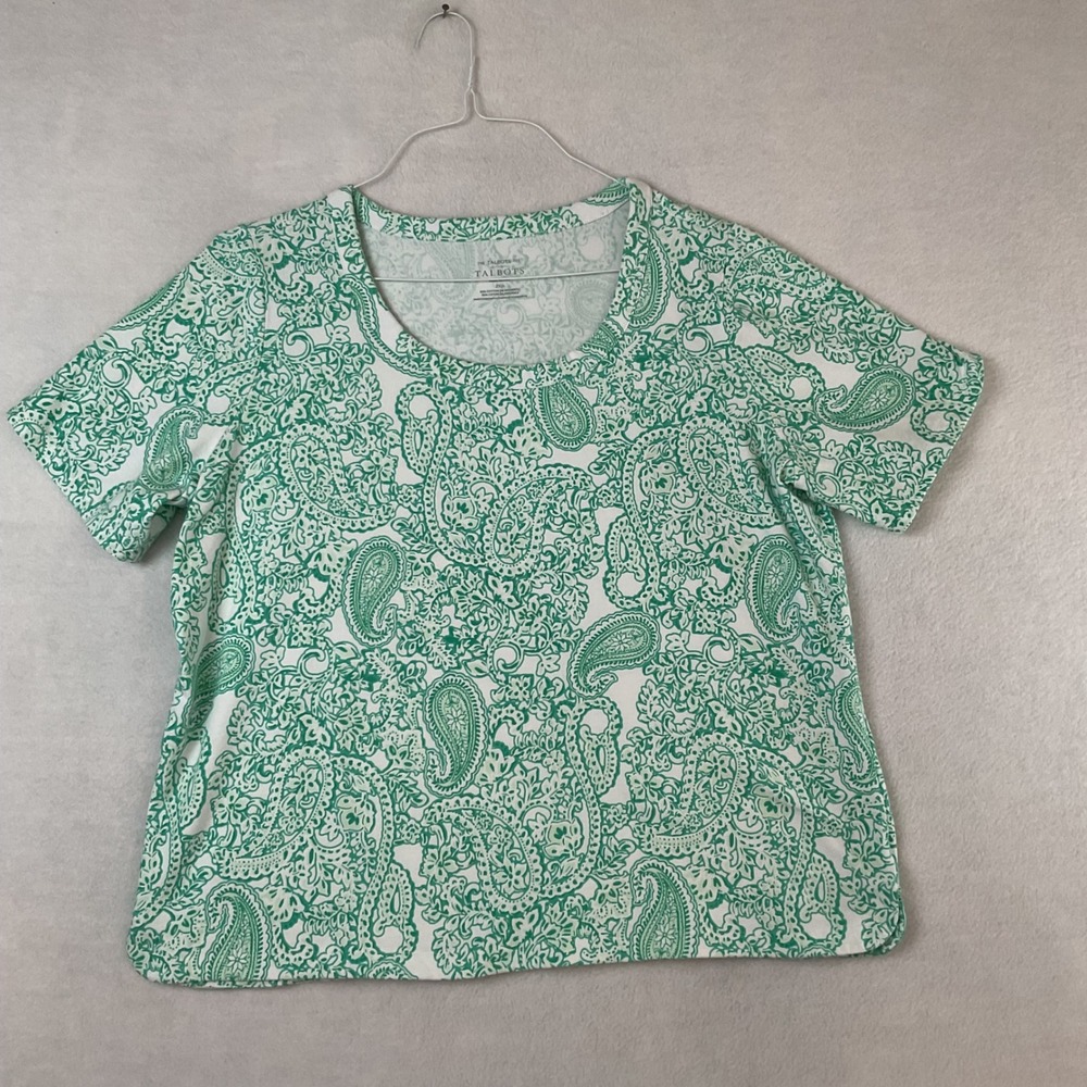 Talbots Green White Paisley Short Sleeve Scoop Neck Tee Plus Petite 2XP